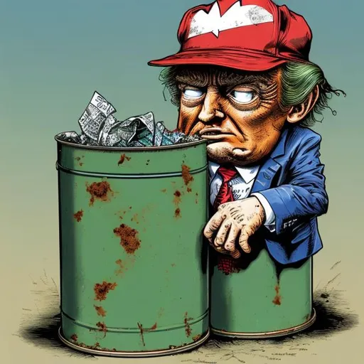 Prompt: dark-blue-suit-Trump-Caricature: Tattered one green dollar note sticking out of a rusty tin can of tattered beggar Trump's rusty tin can, too long red tie + tattered darkblue suit, Trump sitting on court steps, bright colored Sergio Aragonés MAD-magazine style