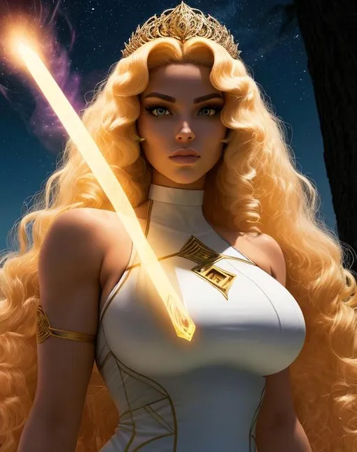 Prompt: A beautiful 15 ft tall 28 year old evil ((Latina)) light elemental queen giantess with light brown skin and a beautiful face. She has a strong body. She has curly yellow hair and yellow eyebrows. She wears a beautiful white dress that has a split at the bottom with gold. She has brightly glowing yellow eyes and white pupils. She wears a gold tiara. She has a yellow aura around her. She is using yellow light magic in battle against a giant space monster. Epic battle scene art. Full body art. {{{{high quality art}}}} ((goddess)). Illustration. Concept art. Symmetrical face. Digital. Perfectly drawn. A cool background.