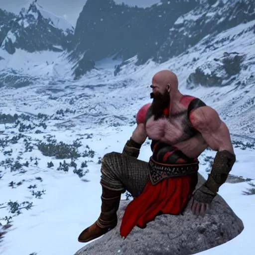 Prompt: Long shot of Kratos sitting on a rock on top of a snowy mountain thinking to himself