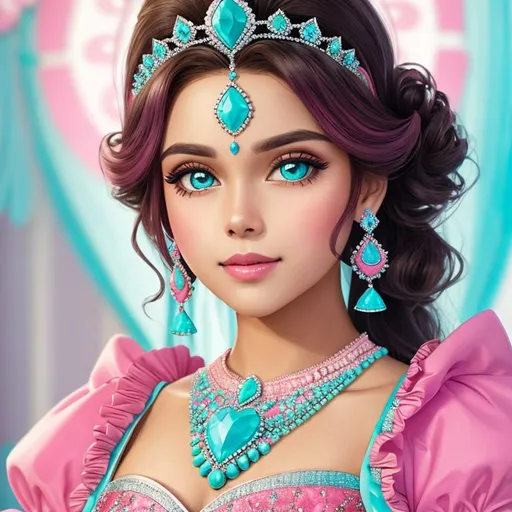 Prompt: princess wearing tiara, pink and turquoise color scheme, facial closeup