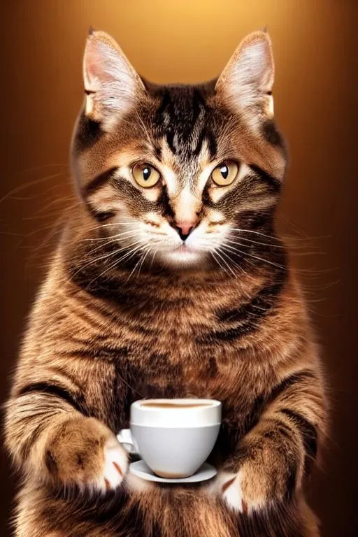 Prompt: a cute cat with coffee, full face, dramatic lights, ultra realistic, rokoko style, nice background, 8k,
