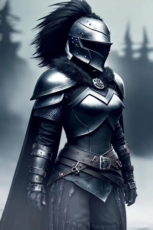 Prompt: Digital Art, a sinister feathered viking woman, black helmet over top the head, black armor, black gear, black ponytail of hair coming from helmet, black cape, black bracers, black pants, black boots, unreal engine 8k octane, 3d lightning