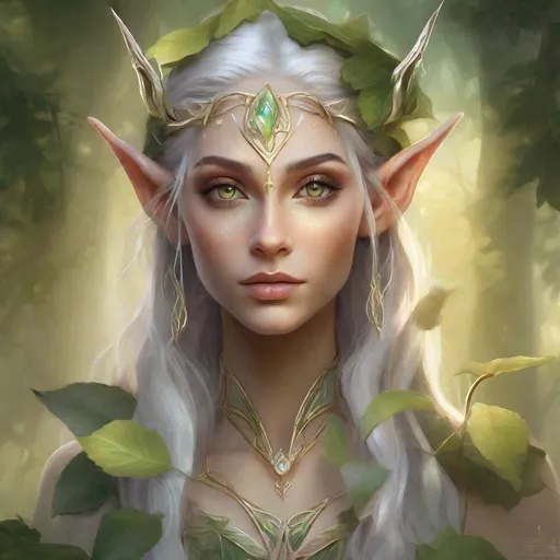 Prompt: a captivating digital portrait of an elf with a focus on ethereal beauty and mystical allure. Emphasize intricate details in the elven features, such as pointed ears, graceful facial expressions, and luminous eyes. Incorporate elements of nature, like delicate leaves or ethereal light, to enhance the magical ambiance surrounding the elf. Experiment with a color palette that evokes the enchantment of elven realms, blending earthy tones with subtle hints of otherworldly hues. Capture the essence of an elven character, radiating both elegance and an otherworldly charm.
