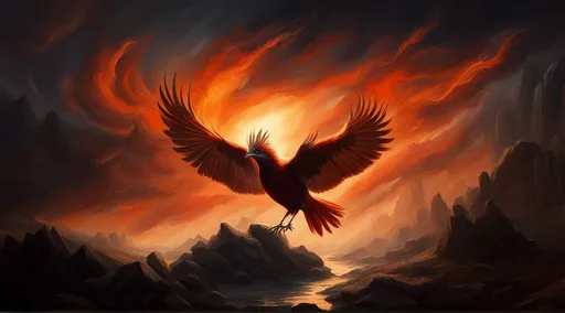 Prompt: a majestic landscape, huge fire bird soaring through the air, eery sky, lots of detail