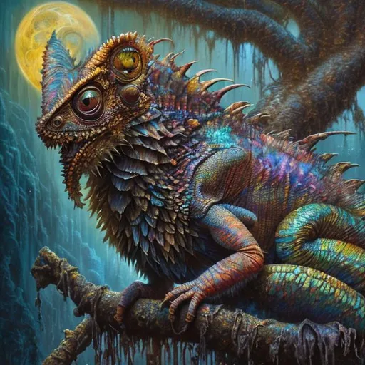 Prompt: art by cameron gray epic poster, a beautiful mystical iridescent griffon-chameleon sits in a tree at night, extremely detailed, oil on canvas, starry night, colourful, magical, epic, breathtaking, cinematic lighting, amber mist, sparks, figurative art, intricate, Kevin Sloan, Zdzisław Beksiński, Alexander Jansson, Benjamin Lacombe, crisp quality