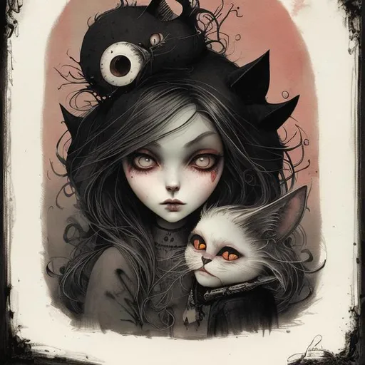 Prompt: Fine art etching portrait of a stylized cute girl and her black cat depicted style combination of Bill Carman, Nicoletta Ceccoli, Amy Earles and Abigail Larson. Calotype print, Pictorialism, Grimdark, frontal facing portrait, extremely detailed, beautiful.