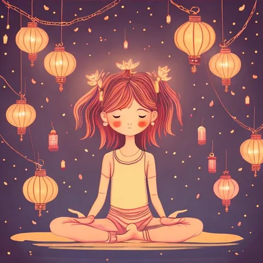 Prompt: Girl with rose gold hair yoga with lanterns colorful storybook illustrations 