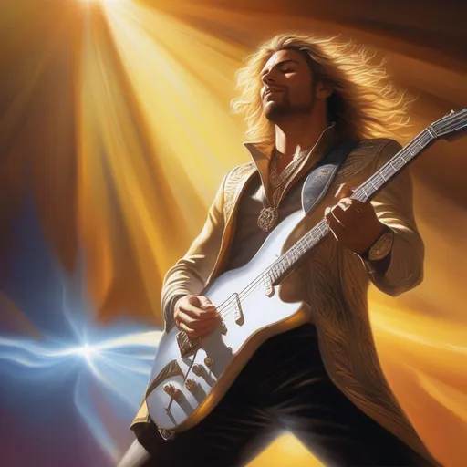 Prompt: exquisite, hyper-realistic, (magic:3), A D&D 3e style illustration of a heavy metal guitarist,  dashing, handsome, sunshine rays