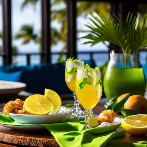 Prompt: "Generate an image of a scene at a tropical beach resort, with the table meticulously decorated to emphasize its intricate details. Place a glass of exceptionally refreshing and sparkling lime juice with a vivid green color, made from bright green Tahiti lemons with ice cubes. Set the plate of beautifully presented breaded shrimp separately. However, give the utmost attention to the magnificent serving platter, prominently featuring a meticulously crafted Valencian paella as the centerpiece of the scene. The paella should be exquisitely prepared, with vibrant colors and an inviting presentation. Ensure that the entire scene exudes an atmosphere of a beachside summer vacation, with the paella as the star of the show, all meticulously presented and beautifully arranged."" ultra hd, realistic, vivid colors, highly detailed, UHD drawing, pen and ink, perfect composition, beautiful detailed intricate insanely detailed octane render trending on artstation, 8k artistic photography, photorealistic concept art, soft natural volumetric cinematic perfect light"

