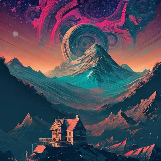 Prompt: mountains, stars and paisley filled sky, artstation, intricate, highly detailed, digital painting, concept art, sharp focus, illustration by Tom Whalen and Yoshitaka Amano