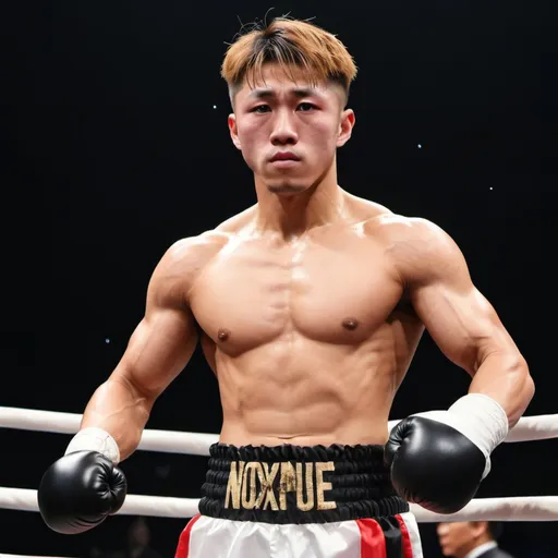 Prompt: Imagine a Japanese boxer resembling Naoya Inoue who has super huge chest muscles. He's flexing his chest and arm muscle in the boxing ring 