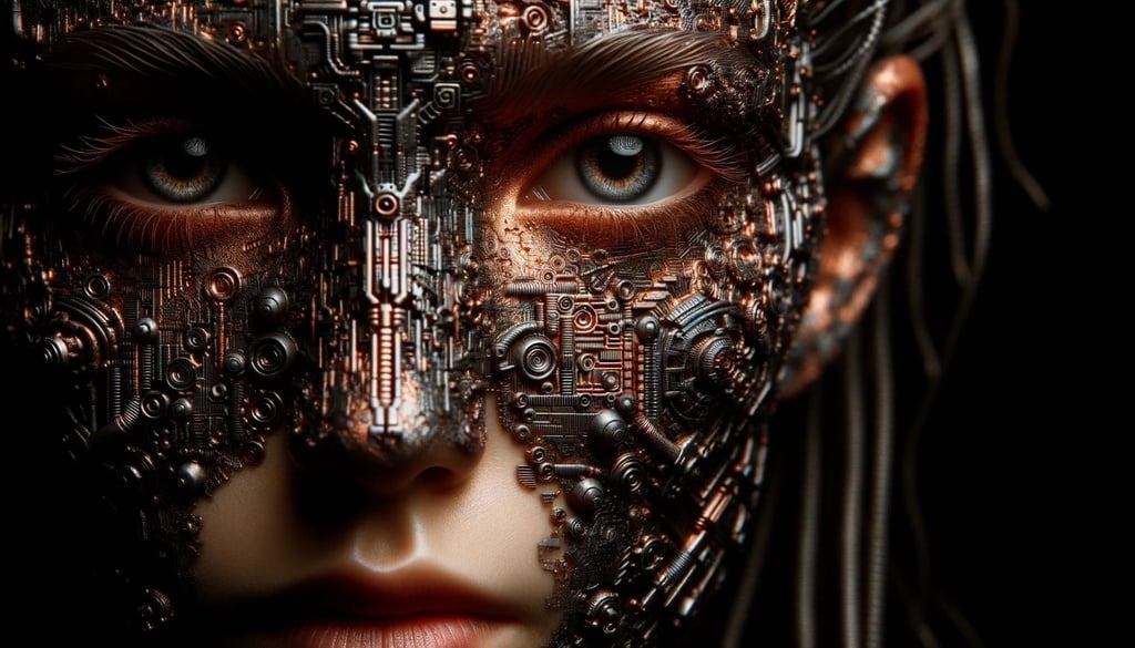 Prompt: Intense close-up of a girl, her face covered in complex greeble technological motifs, highlighted in light bronze and orange, set against a contrastingly dark and detailed environment.