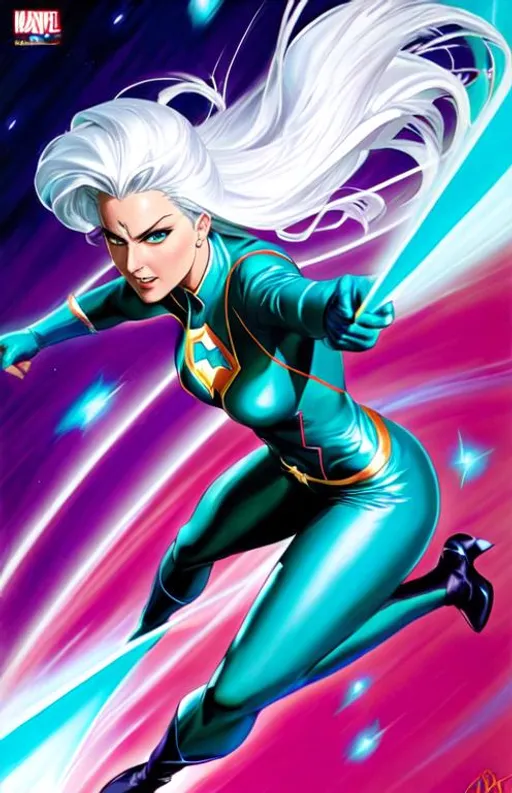 Prompt: Alex Ross style female superhero, turqoise suit, surging energy, white hair