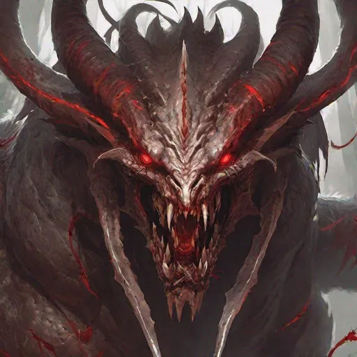 Prompt: Diablo is revealed to have a mouth full of sharp teeth, blood red eyes, claws and a long thorny tail. Diablo is a gigantic demon over five meters tall, he had a large sharp tail, four sharp claws, hellish red eyes and several horns above his head.