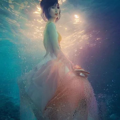 Prompt: Underwater asian Model Photography, portrait of queen of light, backlit, fancy and long dress, quit ,fractals, jewelry, volumetric lights, sunrise, dramatic lighting, by ruan jia and wlop and karol bak