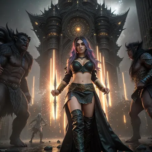 Prompt: Splash art, swirling magical lights, exploding debris, dense fog, create an intricately detailed, full body, ultra realistic, 3D Rendered image focused on an enticing, alluring, highly detailed, slender ((random hair color)), hyper detailed realistic skin, super exotic young adult magical human sorceress. {{surrounded by angry orcs.}}, casting magic lightning bolts} in an ultimate epic depiction of battling orcs, in a dystopian city destroyed by, 64k resolution, ultra photo realistic, highly exotic, ultimate fantasy, digital concept art, perfect cinematic lighting, perfect shading.