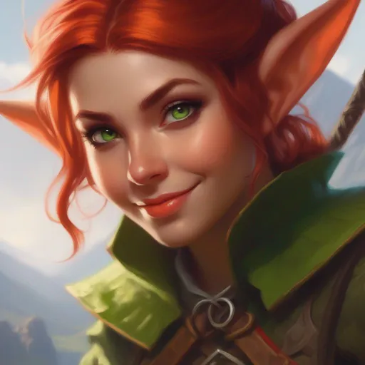 Prompt: oil painting, D&D fantasy, young green-skinned-goblin girl, green-skinned-female (tiny petite body), beautiful face, very cute, mischievous grin, short fiery red hair, pigtails, pointed ears, fangs, looking at the viewer, wearing adventurer's outfit #3238, UHD, hd , 8k eyes, detailed face, big anime dreamy eyes, 8k eyes, intricate details, insanely detailed, masterpiece, cinematic lighting, 8k, complementary colors, golden ratio, octane render, volumetric lighting, unreal 5, artwork, concept art, cover, top model, light on hair colorful glamourous hyperdetailed medieval city background, intricate hyperdetailed breathtaking colorful glamorous scenic view landscape, ultra-fine details, hyper-focused, deep colors, dramatic lighting, ambient lighting god rays, flowers, garden | by sakimi chan, artgerm, wlop, pixiv, tumblr, instagram, deviantart