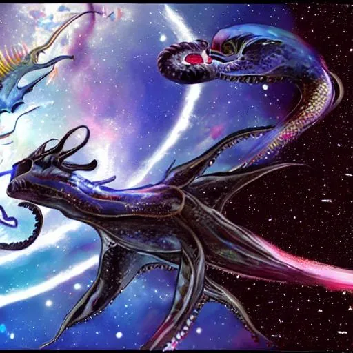 Prompt: Space Dragon fighting with Octopus spacee ship