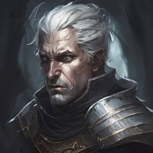 Prompt: portrait, fantasy, visible face, knight, banneret, armor, angry expression, short grey hair, middle aged, dark background