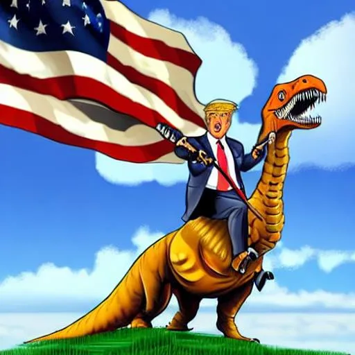 trump riding a dinosaur