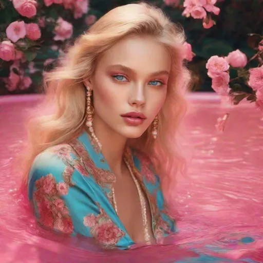 Prompt: an pretty girl blonde hair blue eyes she is super rich she has a beautiful body She Wears Gucci pink she's getting in a Gucci Rich Golden sitting on pink glowing water in make up pretty face
