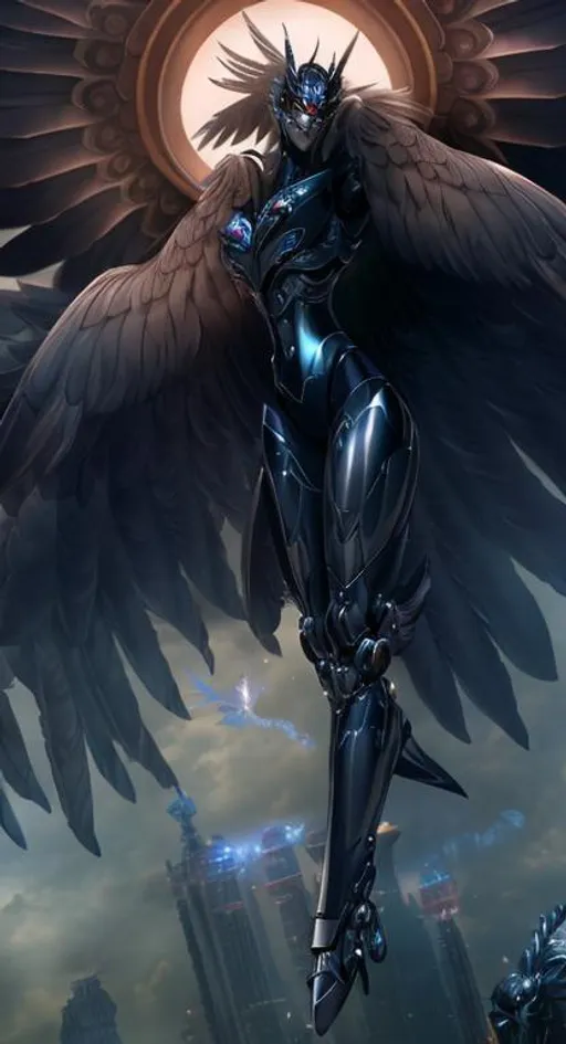 Prompt: A silver chrome Mythical raven with metallic mecha wings soaring, side look, surreal photography, intricate portrait, vibrant hues, evocative of classical oil paintings, with soft brushstrokes and a realistic texture, classical, timeless, majestic, 8k, intricate details, full body