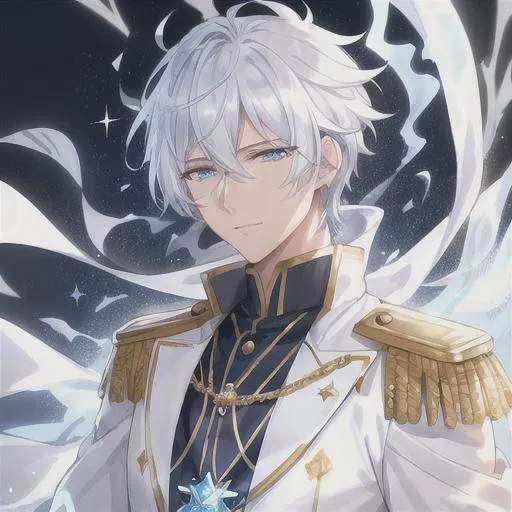 Prompt: Handsome male, extremely detailed cyan sparkling eyes, wind emanating from his hands, a young anime man with white hair, detailed cyan eyes, an optimistic expression, wearing a white captain's uniform with golden chains, wind and ice coming from his hands, fantasy, clear sparkling cyan glowing eyes, cyan eyes, intricately detailed eyes, short white hair, intricate, highly-detailed, large landscape, mechanics, dramatic lighting, gorgeous face, lifelike, stunning, anime young man face, white luxurious hair with a fringe haircut, digital painting, large, artstation, illustration, concept art, smooth, sharp focus, highly detailed painting, looking and smiling at viewer, full body, photography, detailed skin, realistic, photo-realistic, 8k, highly detailed, full length frame, High detail, showing full body, full body art 