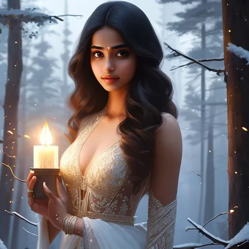 Prompt: A full body picture  of a beautiful Indian woman , smooth soft skin, big dreamy eyes, beautiful intricate colored hair, symmetrical, wide eyes, soft lighting, detailed face,lantern in hand, cold forest, camp fire , smokey black background, black dress , by makoto shinkai, stanley artgerm lau, wlop, rossdraws, concept art, digital painting, looking into camera
4k, HDR, oil painting, hyper realistic, realism , sophisticated , volumetric lighting 