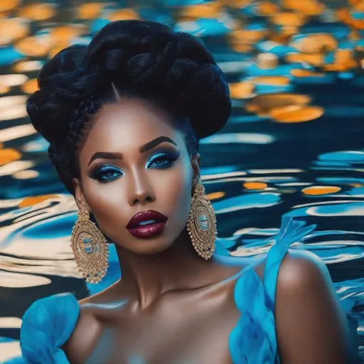 Prompt: an pretty black lady sitting an blue water in make up and pretty face big lips