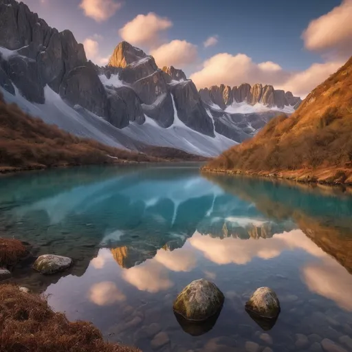 Prompt: Crie uma imagem ultra realista de uma paisagem montanhosa ao amanhecer, com picos cobertos de neve refletindo a luz dourada do sol nascente. Inclui um lago cristalino no primeiro plano, perfeitamente espelhando as montanhas e o colorido com tons vibrantes de laranja, rosa e azul. Adicione detalhes como árvores verdesjantes nas margens do lago e nuvens suaves flutuando no céu, criando uma sensação de tranquilidade e maravilha. Uma imagem deve ser rica em texturas e núcleos, ideal para atrair e inspirar o público no Instagram