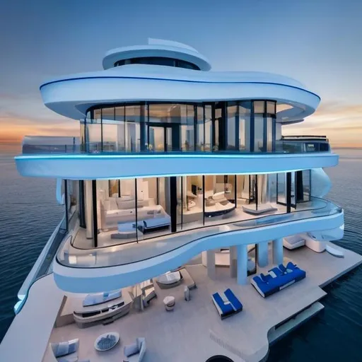 Prompt: this beautiful and modern luxury floating villa with its futuristic design combines elegance and refinement. with walls made of tempered glass that offer unobstructed views over the water.
the wave-shaped roof provides a unique touch. the interior has been designed with high quality finishes and luxurious furnishings.
lighting is designed to enhance the villa's architectural features. accessories were strategically placed to cast a warm, welcoming glow throughout the space.
photographed by annie leibovitz with a nikon z9 camera and nikkor lens, the lighting is a blend of natural light and cinematic lighting, which has the effect of creating a romantic and dramatic effect.
