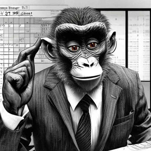Prompt: a sweaty monkey, with a suit, from george orwell's 1984, comitting tax fraud