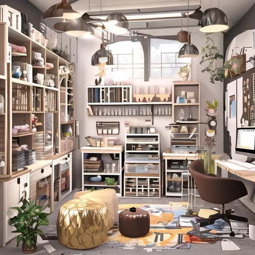 Prompt: Create an illustration of a craft room. hi-res. UHD, HDR. modern. futuristic. makers space. include a Black woman crafting with brown curly hair. Ultra realistic. 3d rendering.