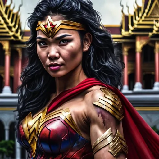 Prompt:  oil painting of one hybrid superhero character, Mix wonderwoman and beautiful muai thai fighter, red muai thay shorts, in realistic background of bangkok grand palace,  vibrant colors, intense facial expression, detailed armor and cape, 4K, detailed facial expression, superhero, vibrant colors, intense gaze, advertisement-worthy, realistic, detailed illustration, professional, vibrant lighting

