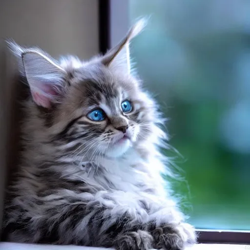 Prompt: shining stars, soft texture, snowflakes outside the window, realistic, maine coon kitten, cute, Silver Eyes, angel