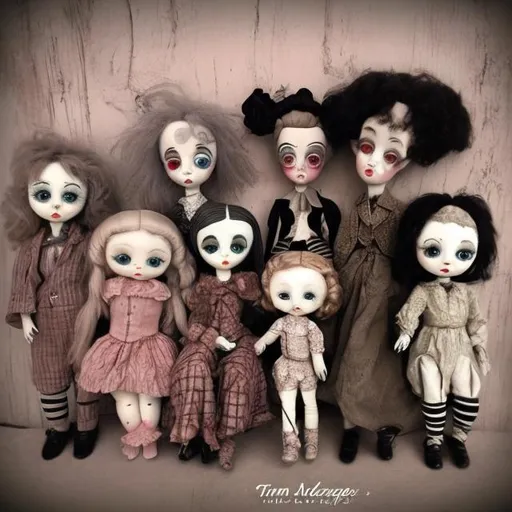 Prompt: Vintage dolls in the style of Tim Burton 