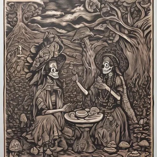 Prompt: Mexican WPA day of the dead woodcut style print of Indian taking the mushroom sacrament with Maria Sabina
