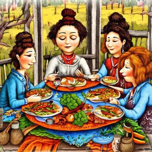 Prompt: Picture three friends sharing a meal, feeling grateful. Use a folk art style.