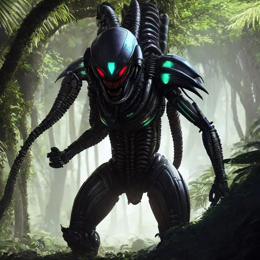 Prompt: xenomorph warrior in the jungle, unreal engine, octane, hyper-realistic, middle of SPACE, cyberpunk lights, Hyper Detail