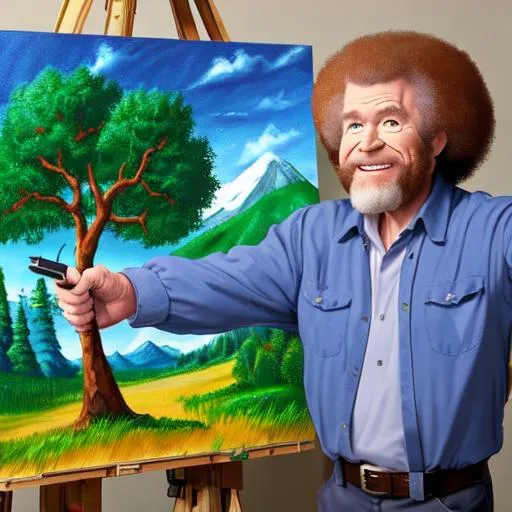Prompt: Bob Ross pointing a shotgun at his painting of a happy little tree