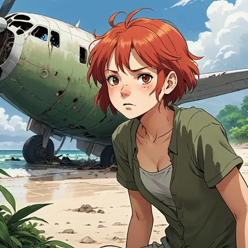 Prompt: 2d studio ghibli anime style, a plane crash,  (19-year-old girl) with (short red hair), wet, hurt, crawling out of water, ashore on tropical beach,  in background (broken, burning, crashed airplane), clothes torn and dirty, active pose, dynamic movement, (dramatic cloudy sky) overhead, rich green foliage throughout, (peaceful atmosphere), (ultra-detailed), (natural lighting)
emphasizing the tragedy, capturing the essence of disaster.