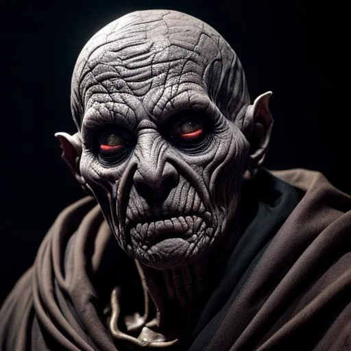 Prompt: hyperrealistic mixed media painting of a shriveled lich-like cultist, wrinkled skin on face, skin stretched thin, no nose, priest robes with eye pattern, d&d, stunning 3d render + dim volumetric lighting, 8k octane beautifully detailed render, post-processing, extremely hyperdetailed, intricate, spooky composition, grim and powerful atmosphere, cinematic lighting + masterpiece, trending on artstation, very very detailed, masterpiece, horrifying, full body