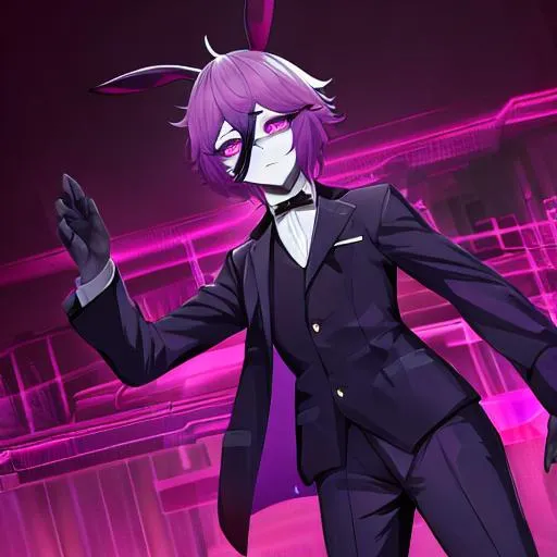 Prompt: A creepy unnatural unsettling male bunny glitch on and glitchy purple eyes and with a work suit, record of ragnarok 