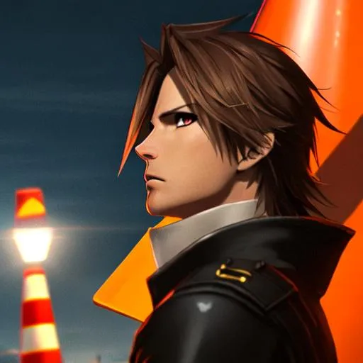 Prompt: A very dramatic portrait of Squall from Final Fantasy being watched by a traffic cone, dramatic lighting