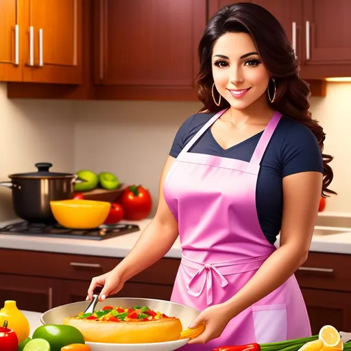 Prompt: latina female in an apron cooking dinner, pleasant face, Analogous color scheme, ultradetailed, 8k resolution, perfect, smooth, high quality