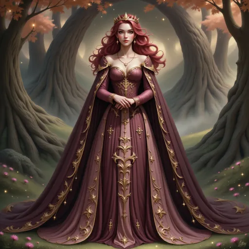 Prompt: a princess in a  cocoa brown and gold gown standing in a forest with a crown on her head and a cloak, Dirk Crabeth, gothic art, fantasy style, a storybook illustration