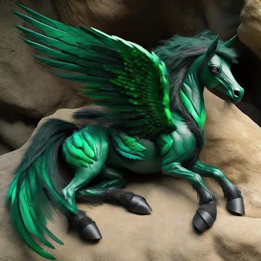 Prompt:  twisted pegasus animatronic hybrid, with focused emerald eyes. They identify as a Male. Emerald colored feathery wings and tail. dark Green ombre mane and tail. UHD, HD, 4K, green haze, green and black coat, lying down in a cave, asleep, resting, hyperrealistic, anime style, highly detailed