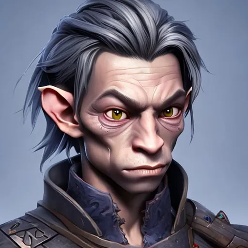 Prompt: young goblin male portrait, fantasy character, greyish skin, ponytail hair