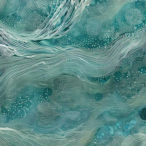 Prompt: Mixture of scattered microscopic Petri dish of bacteria, dots. circle and glass diamonds next to Elegant minimal line art, flowing brush strokes, showing a field of energy, water waves
