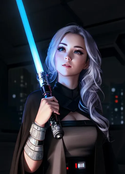 Prompt: UHD, hd , 8k,  anime, hyper realism, Very detailed, zoomed out view, futuristic cityscape, Star Wars, holding a lightsaber behind her back, concept art, clear visible face, full character in view, clear visible face, Hyper realistic cartoon style of beautiful woman, happy face expression